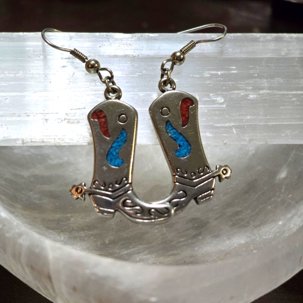 Vintage Signed 925 Cowboy Boot Earrings with Red Coral and  Turquoise Accents